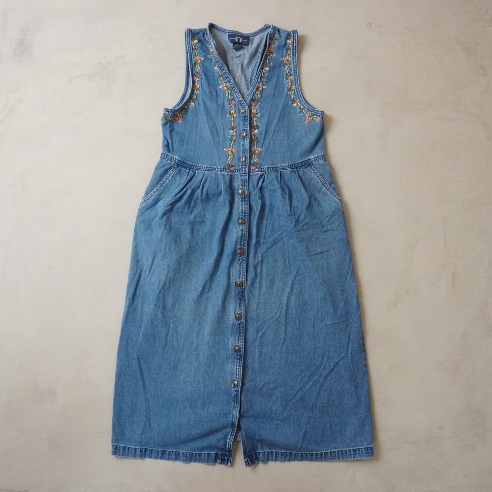 Vintage Original TY Wear Denim Jumper Dress 4P Womens Blue Embroidered Y2K